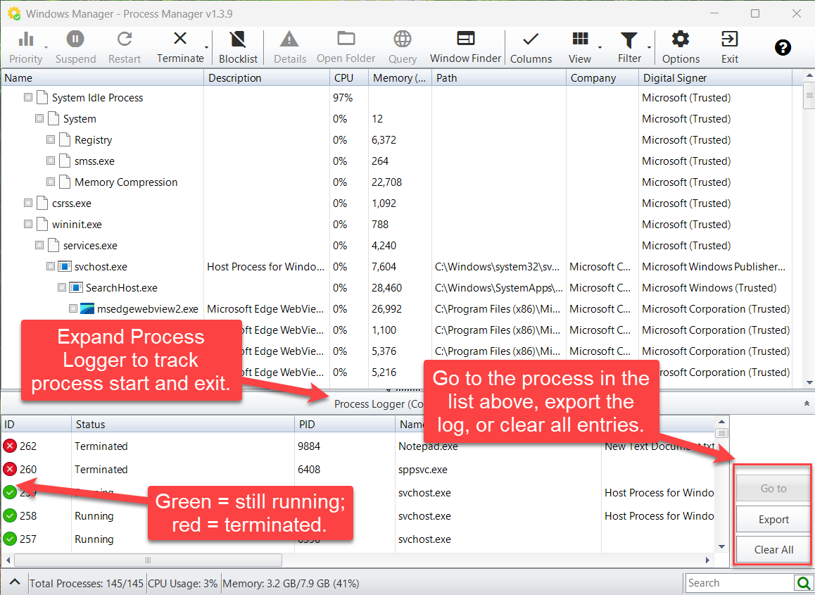 Process Logger: Running and Terminated status with Go to, Export, Clear All