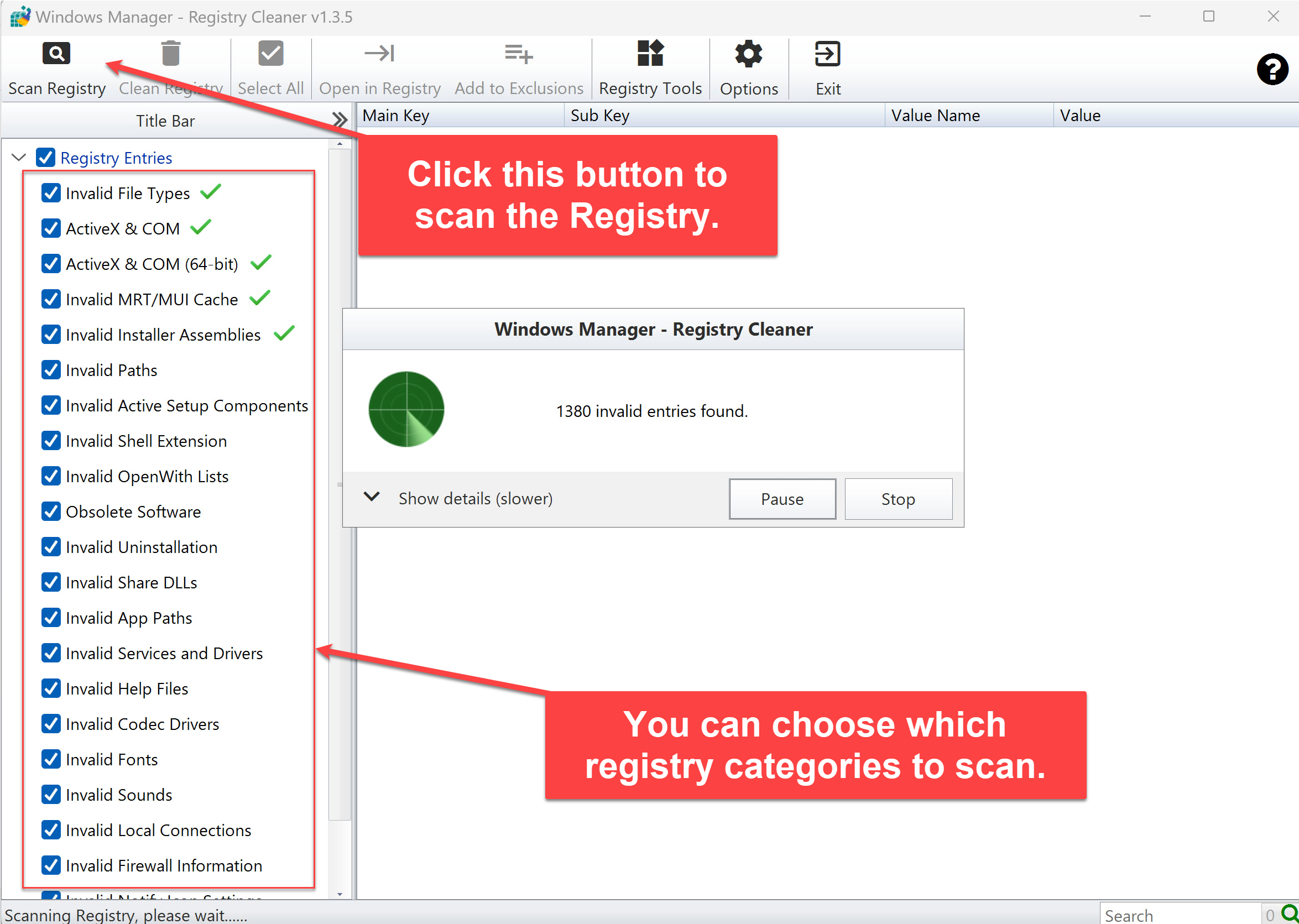 Registry Cleaner main window: scan categories on the left, results on the right, toolbar on top